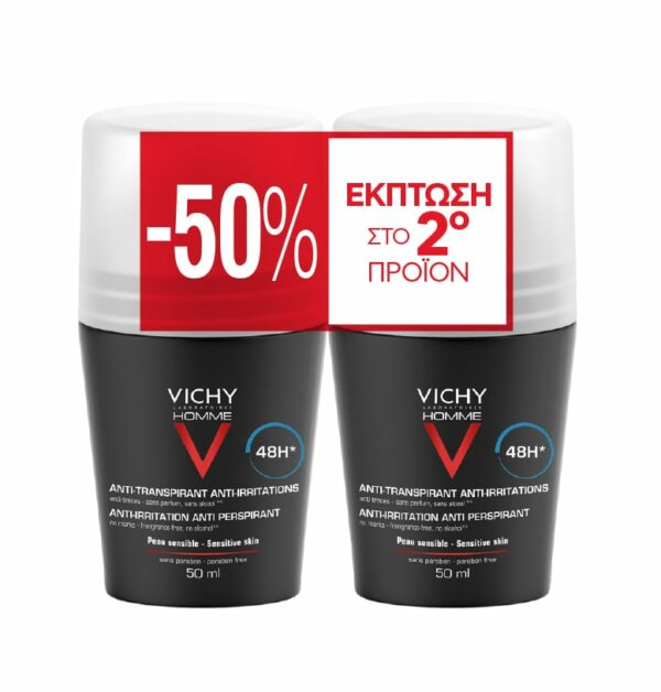 Vichy Homme Anti-irritation Anti Perspirant 48h Υποαλλεργικό αποσμητικό Roll-On για ευαίσθητες επιδερμίδες 2x50ml