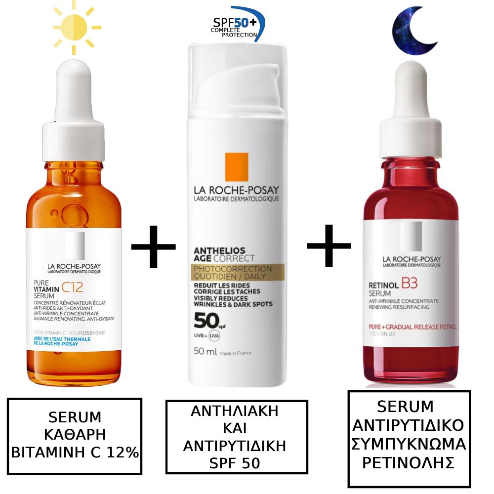 La Roche Posay Pure Vitamin C12 Serum Aντιοξειδωτικός Αντιρυτιδικός Ορός με Βιταμίνη C, 30ml & La Roche Posay Age Anthelios Correct Photocorrection Daily Light Cream Αντηλιακή & Αντιγηραντική Κρέμα Προσώπου SPF50 50ml & La Roche Posay Retinol B3 Serum 30ml Αντιρυτιδικό Συμπύκνωμα Ρετινόλης για Ανάπλαση της Επιδερμίδας 30ml