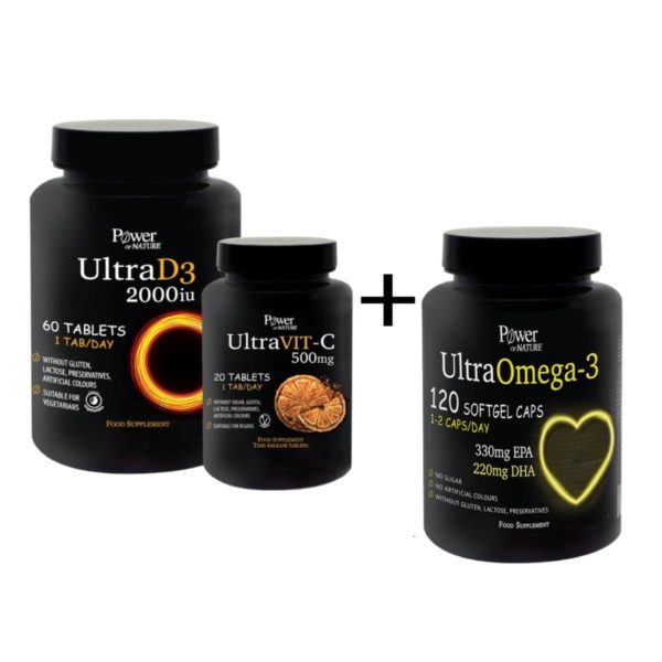 Power Of Nature Ultra D3 2000iu 60 ταμπλέτες & Ultra Vit-C 500mg 20 ταμπλέτες & Power Of Nature Ultra Omega 3 120 μαλακές κάψουλες