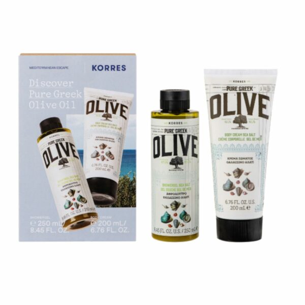 Korres Discover Pure Greek Olive Oil με Shower Gel Αφρόλουτρο Θαλασσινό Αλάτι, 250ml & Body Cream Ενυδατικό Γαλάκτωμα Θαλασσινό Αλάτι, 200ml, 1σετ