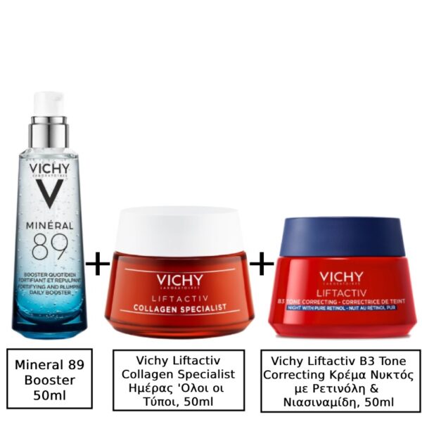 Vichy Mineral 89 24ωρο Gel Προσώπου με Υαλουρονικό Οξύ για Ενυδάτωση 50ml & Vichy Liftactiv Collagen Specialist Κρέμα Προσώπου Ημέρας για Αντιγήρανση & Σύσφιξη με Κολλαγόνο 50ml & Vichy Capital Soleil Λεπτόρευστο Αντηλιακό Προσώπου Κατά Της Φωτογήρανσης UV-Age Daily SPF50 40ml & Vichy Liftactiv B3 Τone Correcting Κρέμα Νυκτός με Ρετινόλη & Νιασιναμίδη, 50ml