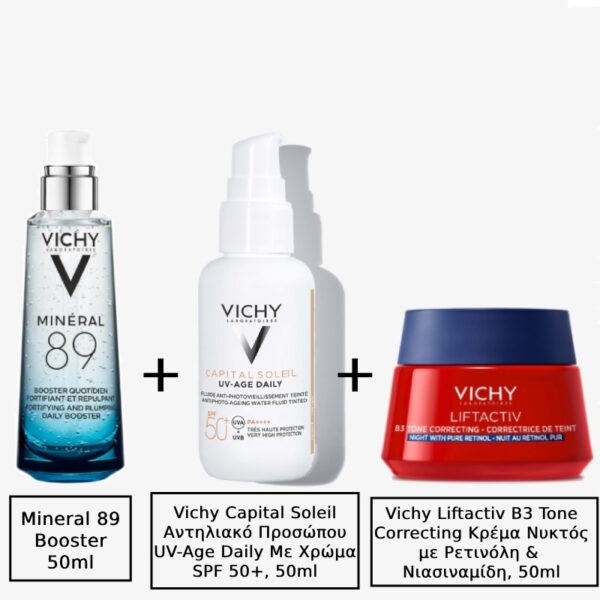 Vichy Mineral 89 24ωρο Gel Προσώπου με Υαλουρονικό Οξύ για Ενυδάτωση 50ml & Vichy Capital Soleil UV-Age Daily Tinted Light Αντηλιακή Κρέμα Προσώπου SPF50 με Χρώμα 40ml & Vichy Liftactiv B3 Τone Correcting Κρέμα Νυκτός με Ρετινόλη & Νιασιναμίδη, 50ml