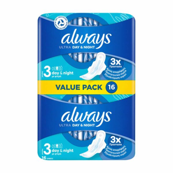 Always Ultra Day & Night Value Pack Μέγεθος 3 Σερβιέτες με Φτερά 16τμχ