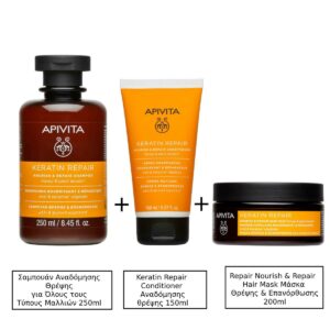 Apivita Keratin Repair Σαμπουάν ΑναδόμησηςΘρέψης για Όλους τους Τύπους Μαλλιών 250ml & Apivita Keratin Repair Conditioner ΑναδόμησηςΘρέψης 150ml & Apivita Keratin Repair Nourish & Repair Hair Mask Μάσκα Θρέψης & Επανόρθωσης, 200ml