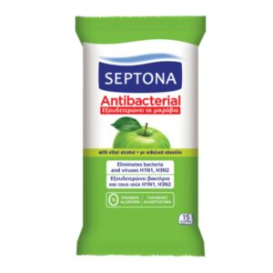 Septona Antibacterial Hand Wipes Aντιβακτηριακά Mαντηλάκια Xεριών Πράσινο Μήλο, 1 Συκ. (15τμχ)