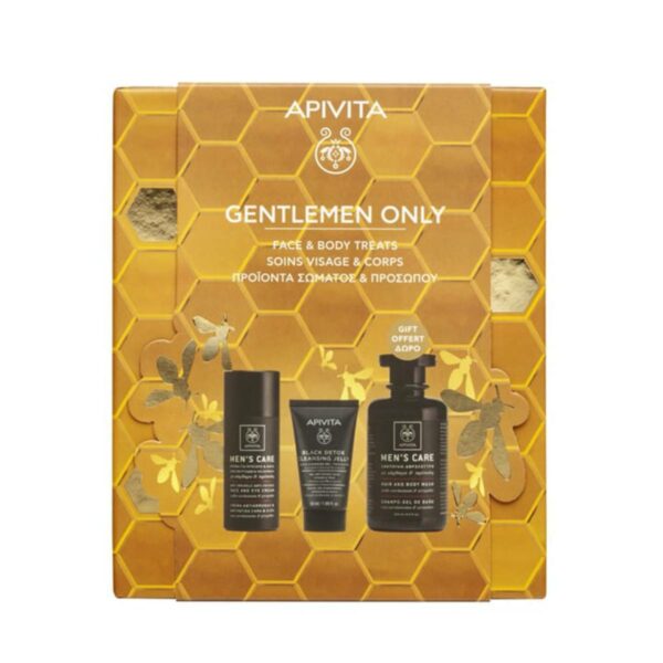 Apivita Gentlemen Only Promo Men's Care Face & Eye Cream Κρέμα για Πρόσωπο & Μάτια, 50ml, Men's Care Black Detox Cleansing Jelly Gel Καθαρισμού για Πρόσωπο & Μάτια, 50ml & Δώρο Men's Care Hair & Body Wash Σαμπουάν - Αφρόλουτρο, 250ml, 1σετ