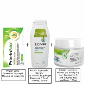 Bayer Priorin Extra Δυνατά & Λαμπερά Μαλλιά 60 κάψουλες & Priorin Σαμπουάν Θρέψης με Φυτικό Εκχυλίσμα Κεχριού, Γλυκοπρωτεΐνες & Προβιταμίνη Β5 Κανονικά ή Ξηρά Μαλλιά, 200ml & Priorin Hairmask Μάσκα για Ενίσχυση της Ανάπτυξης & της Λάμψης των Μαλλιών, 180ml