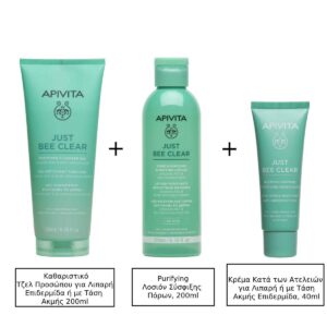 Apivita Just Bee Clear Purifying Cleansing Gel, Καθαριστικό Τζελ Προσώπου για Λιπαρή Επιδερμίδα ή με Τάση Ακμής 200ml & Apivita Just Bee Clear Purifying Lotion Λοσιόν Σύσφιξης Πόρων, 200ml & Apivita Just Bee Clear Κρέμα Κατά των Ατελειών για Λιπαρή ή με Τάση Ακμής Επιδερμίδα, 40ml