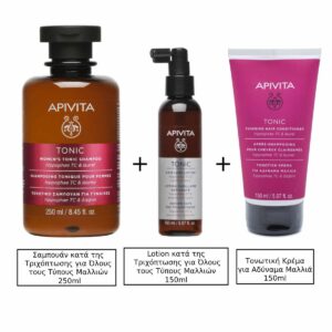 Apivita Women's Tonic Hippophae TC & Laurel Σαμπουάν κατά της Τριχόπτωσης για Όλους τους Τύπους Μαλλιών 250ml & Apivita Hair Loss Lotion κατά της Τριχόπτωσης Hippophae TC & Πρωτείνες Λούπινου για Όλους τους Τύπους Μαλλιών 150ml & Apivita Tonic Conditioner Τονωτική Κρέμα για Αδύναμα Μαλλιά με Hippophae TC & Δάφνη, 150ml