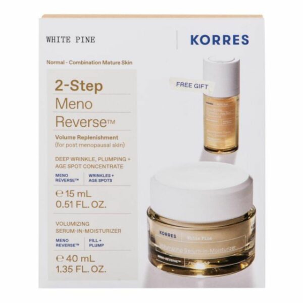 Korres Promo White Pine 2-Step Meno Reverse Λευκή Πεύκη Αναπλήρωση Όγκου με Volumizing Serum-in-Moisturizer Κρέμα Ημέρας, 40ml & Δώρο Deep Wrinkle Plumping + Age Spot Ορός Προσώπου, 15ml, 1σετ